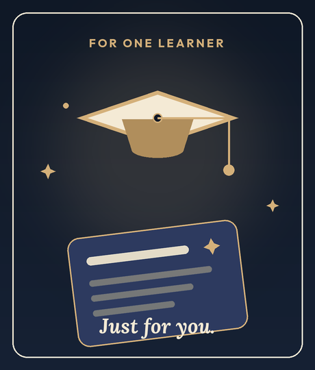 A gilt graduation cap above a glowing flashcard — the StudyDeck Student plan, for one learner.